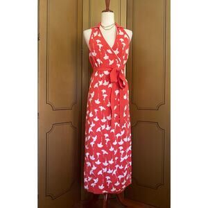 Diane von Furstenberg orange wrap dress with ginko leaves, size L